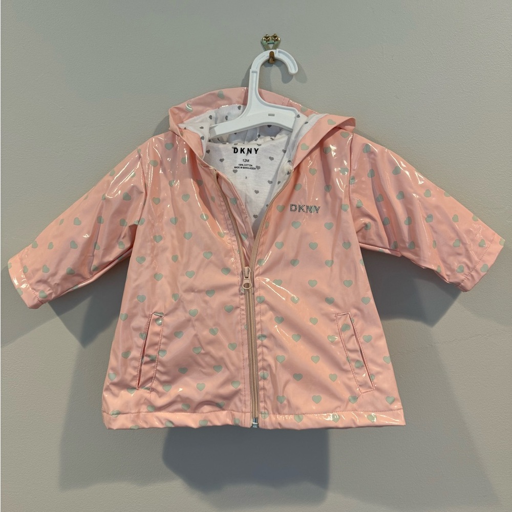 DKNY Baby Girls’ Raincoat - Water Resistant - Pink w/ Gray Hearts - Size‎ 12M